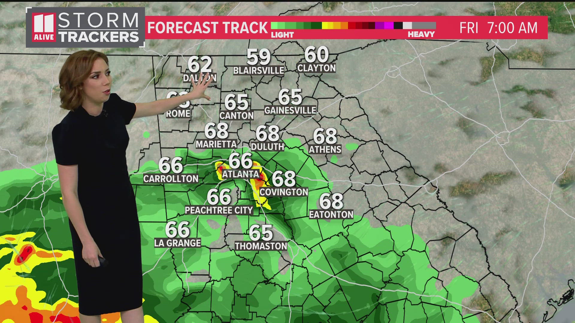 Showers and storms are possible early Friday, mainly south of I-20