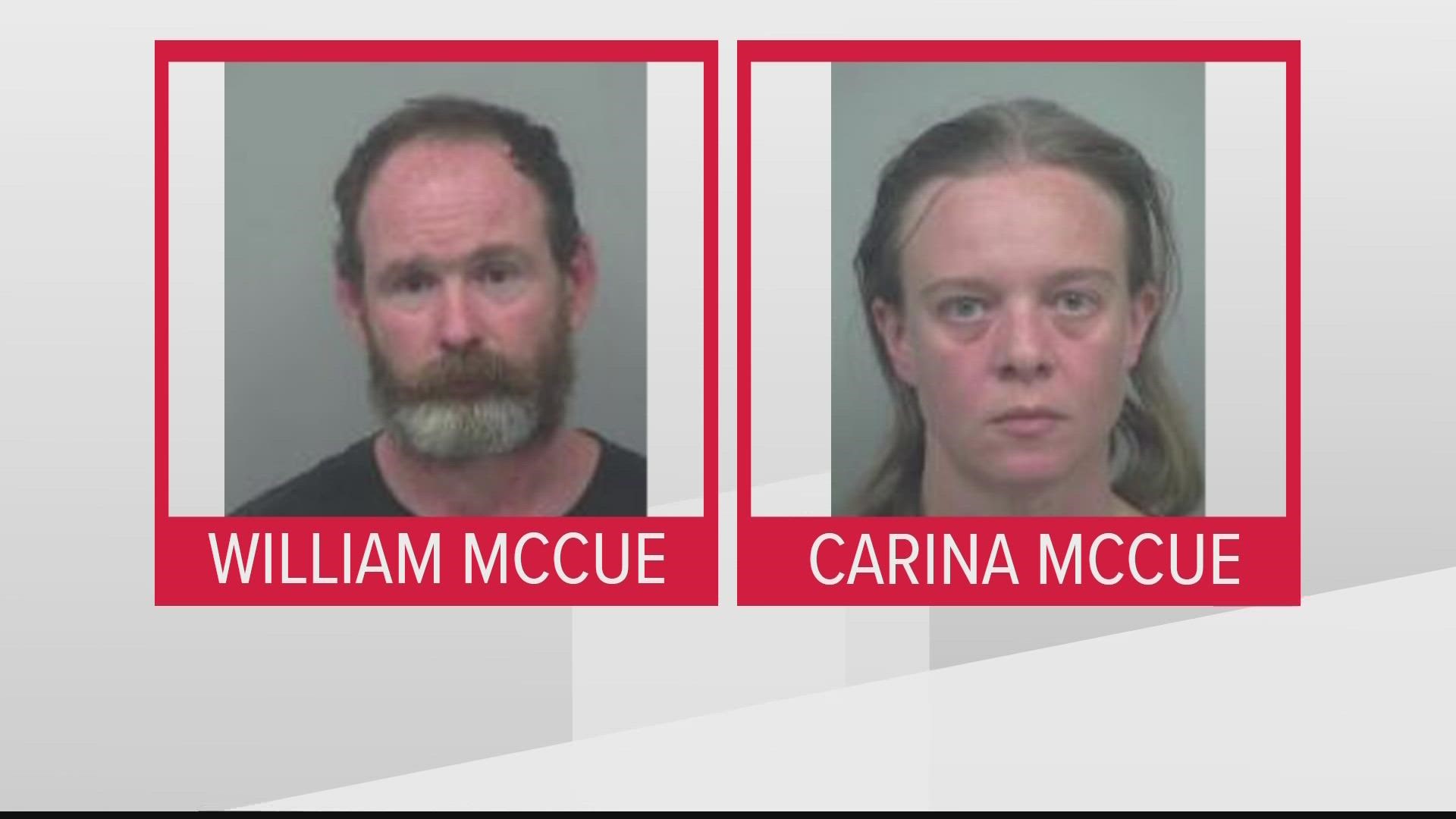 William and Carina McCue were indicted on felony murder charges. They were on the run for nearly two months after their 10-year-old died in a fire at their home.
