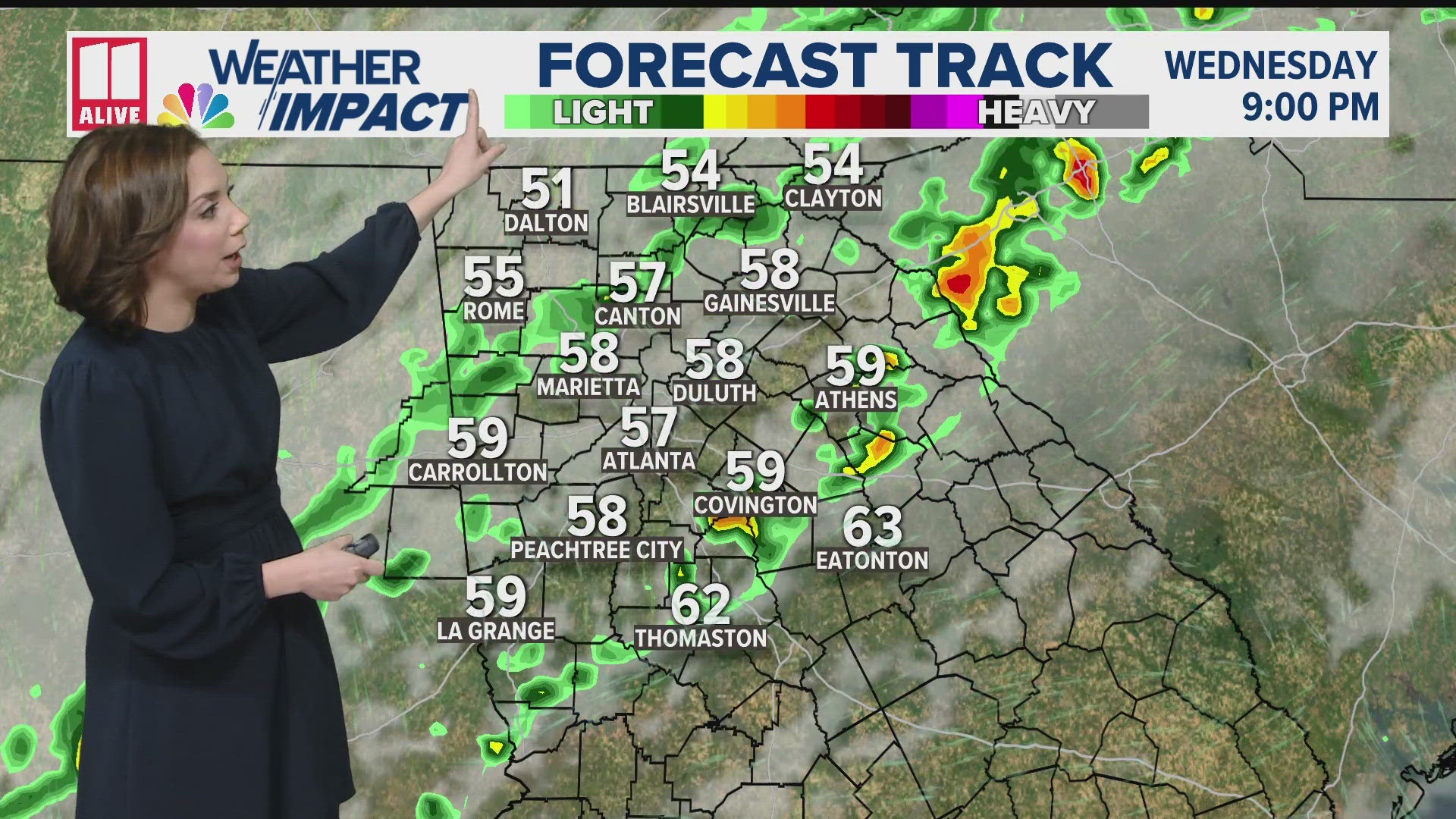 Widely scattered showers and a stray storm continues to push through this evening. Cooler air moves in Thursday