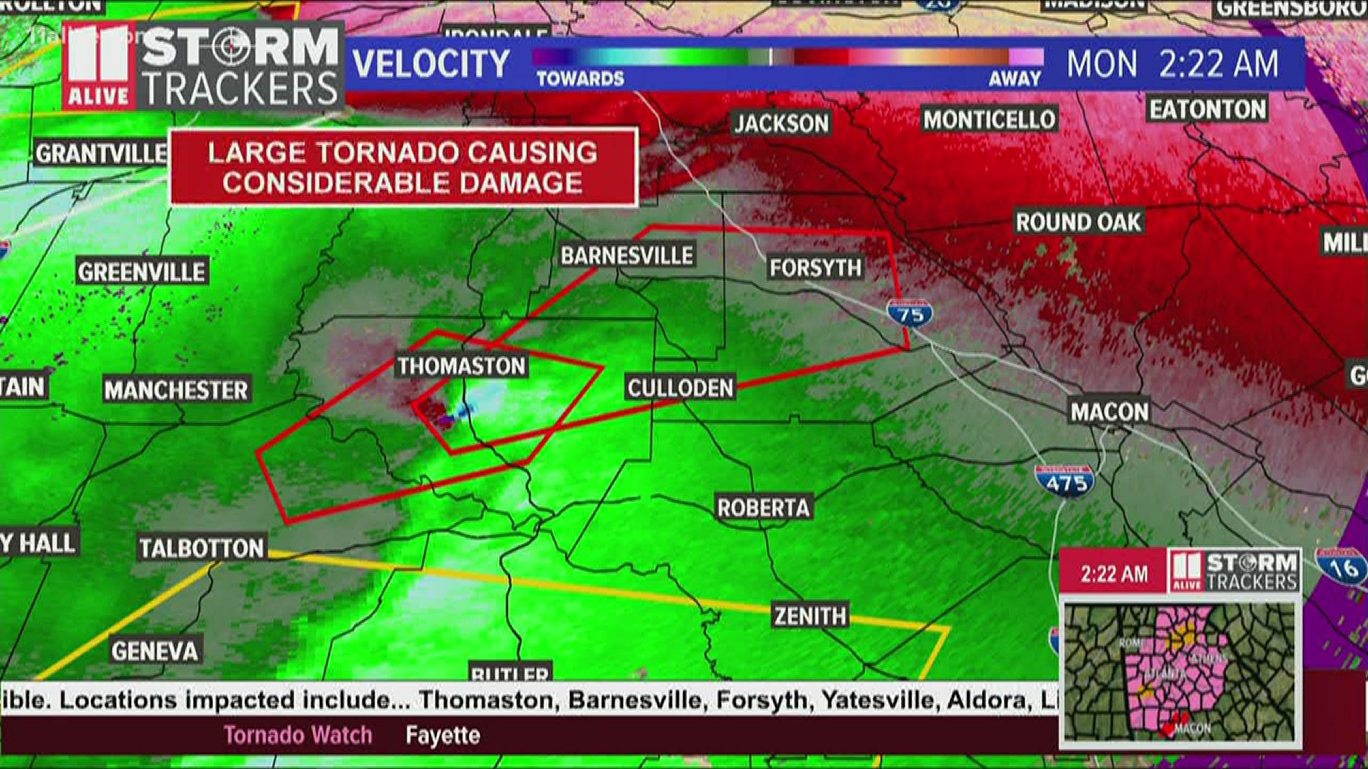 Tornado warning issued for Lamar, Monroe and Upson counties. The NWS said it was "extremely dangerous" with more than 70 mph winds.