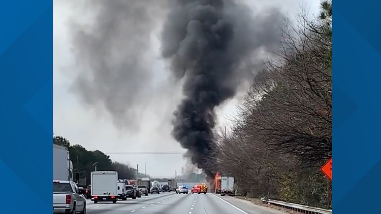 Lanes closed on I-285 west near Chamblee Dunwoody Road after tractor trailer bursts into flames