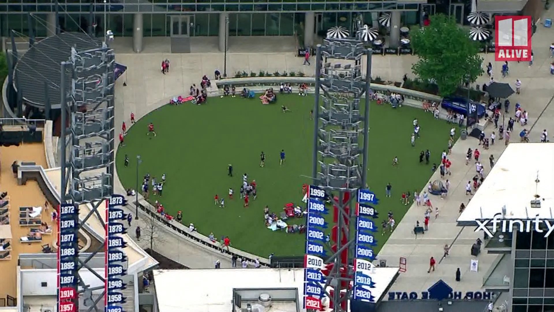 Aerials Fans stroll outside Truist Park awaiting Atlanta Braves home