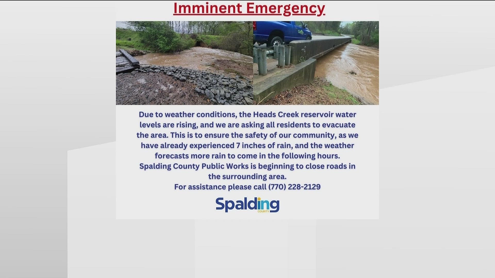 Officials with the Spalding County Sheriff's Office have asked some residents to evacuate in the vicinity of Heads Creek Reservoir.