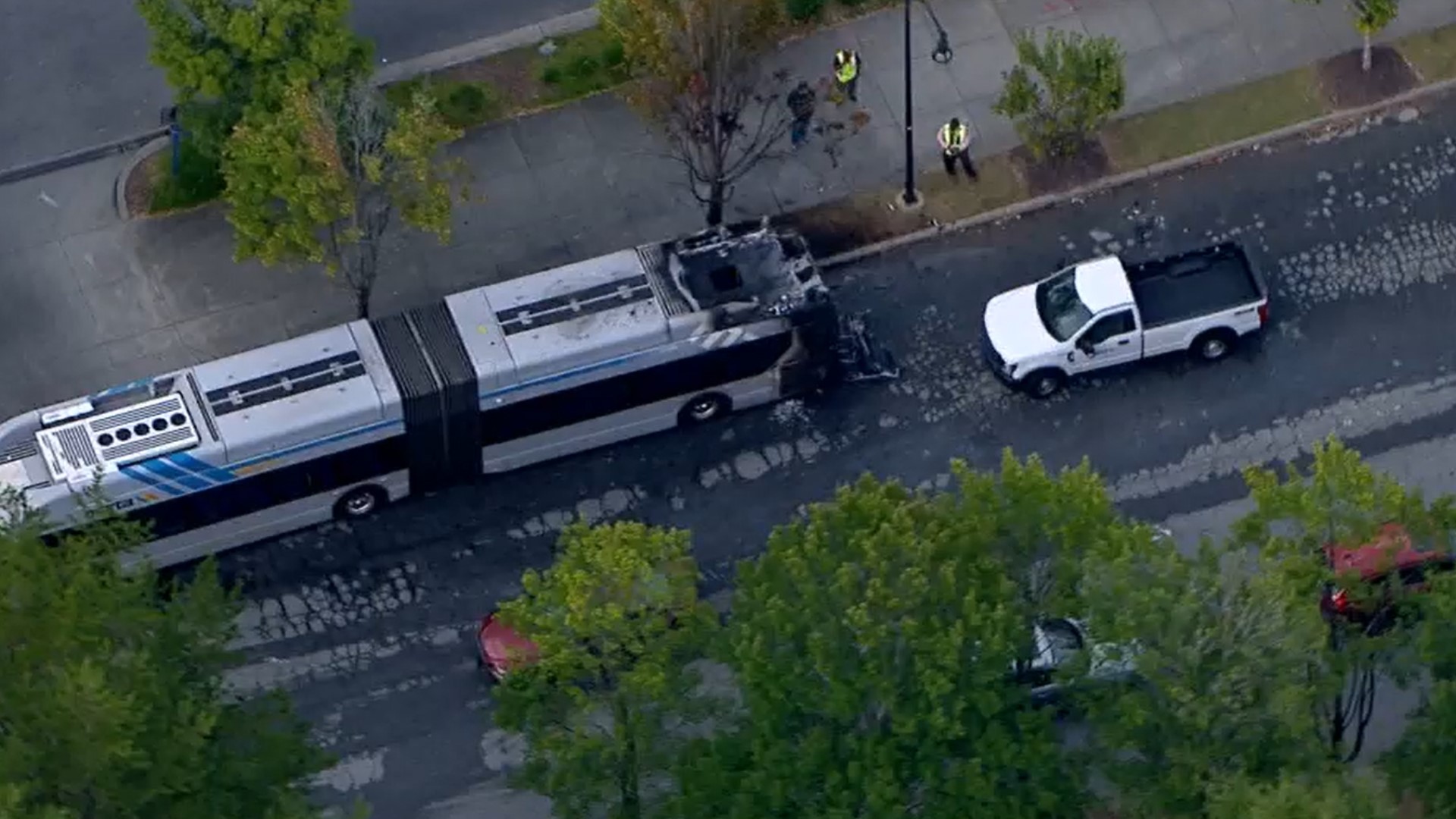 11Alive Skytracker flew over the scene, where a burnt MARTA bus could be seen.