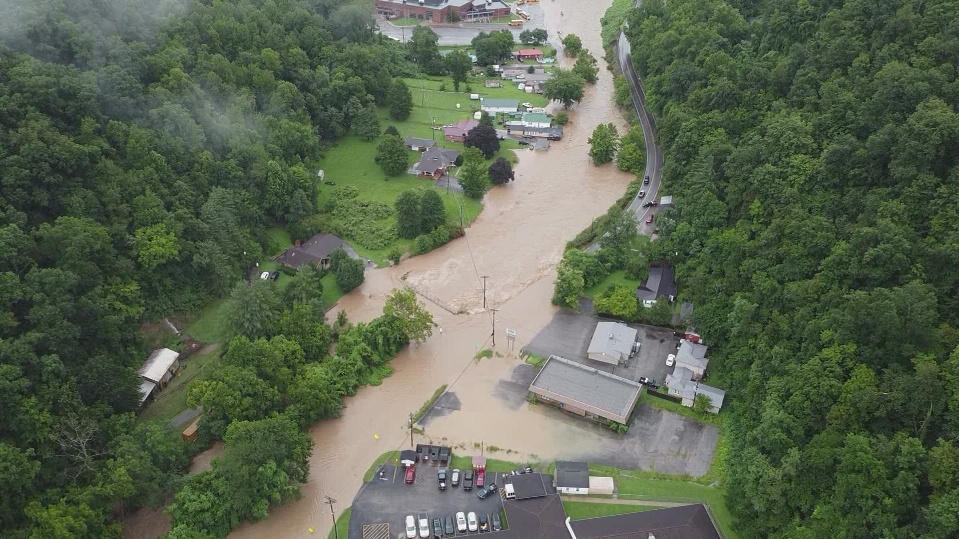 Drone video Extreme flooding in small Kentucky town