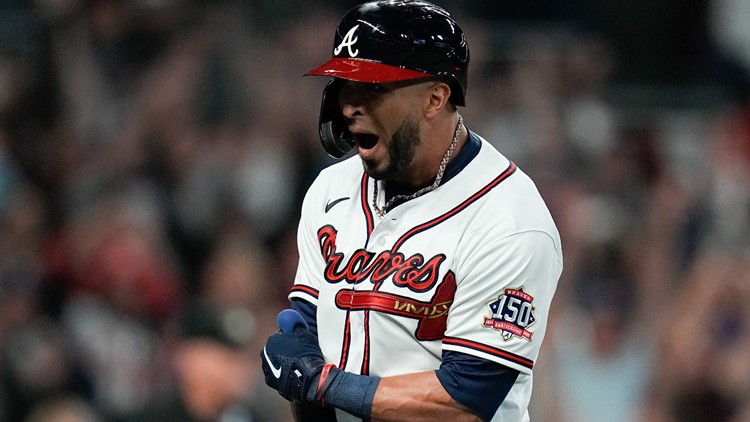 August 27 2023 San Francisco CA, U.S.A. Atlanta designated hitter Marcell  Ozuna (20)hammers a two run home run, celebrates with teammate left fielder  Eddie Rosario (8)during the MLB game between the Atlanta