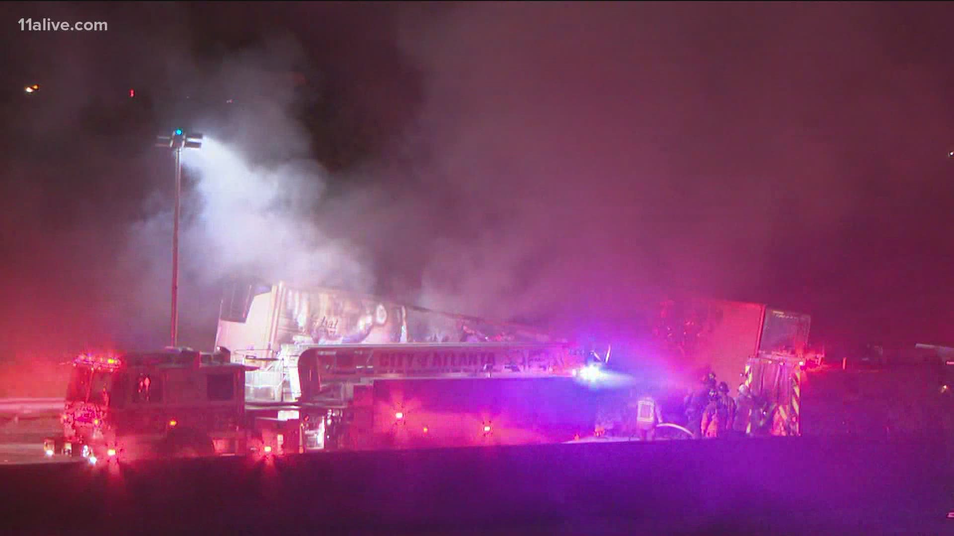 11Alive's crew on the ground is giving us an up-close look at the scene where a semi-truck trailer erupted into flames on Friday night.