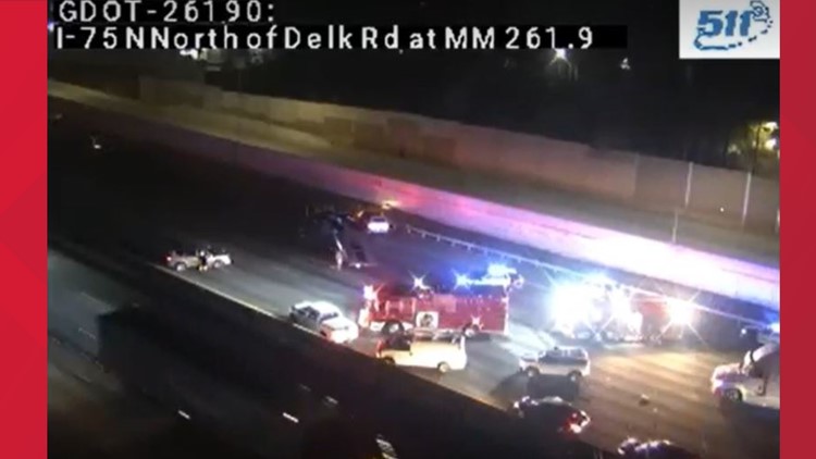 All lanes blocked along I-75 southbound by South Marietta Parkway
