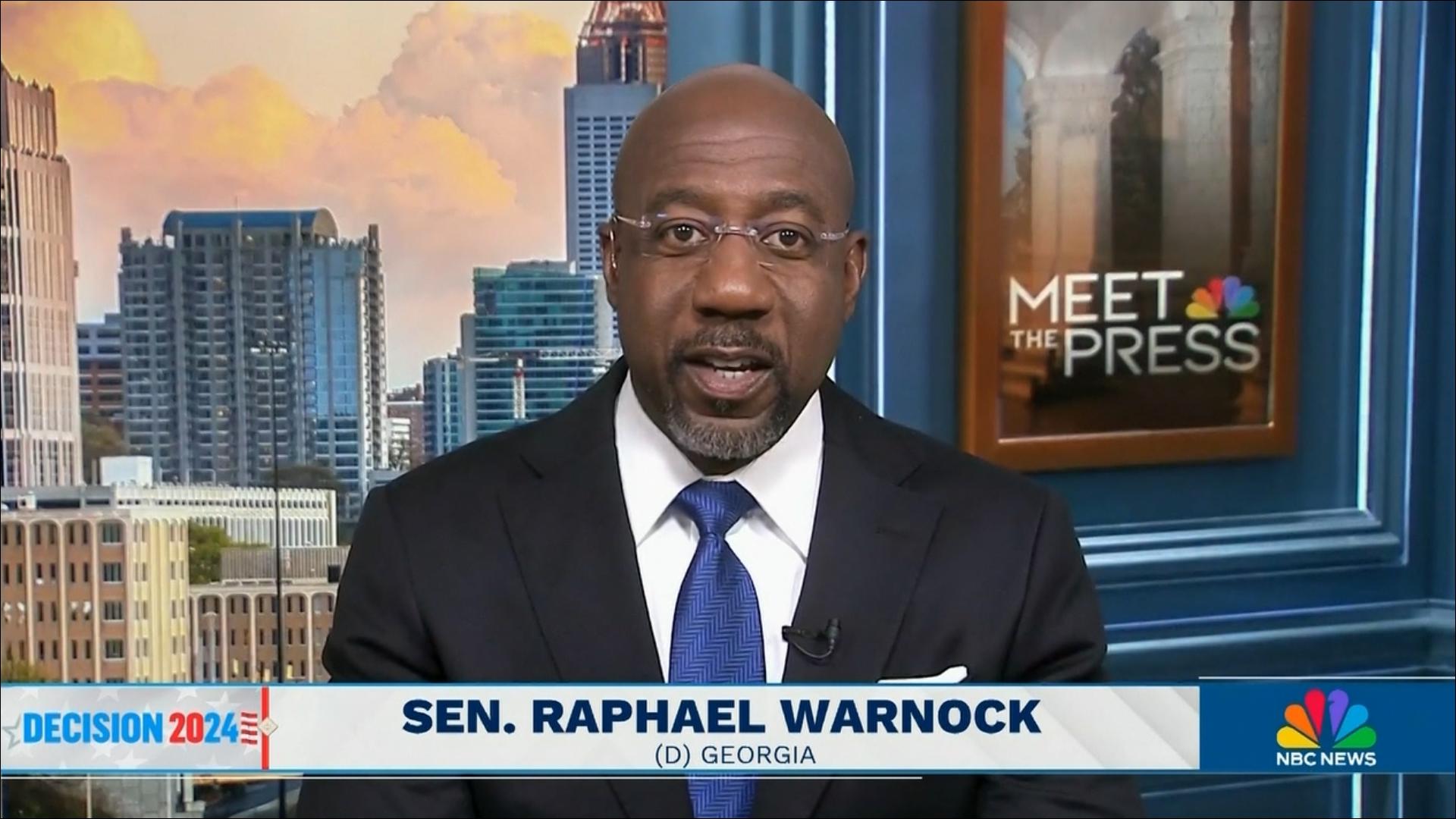 Sen. Raphael Warnock speaks to NBC Meet the Press about why he believes Harris should be in the White House instead of Trump.