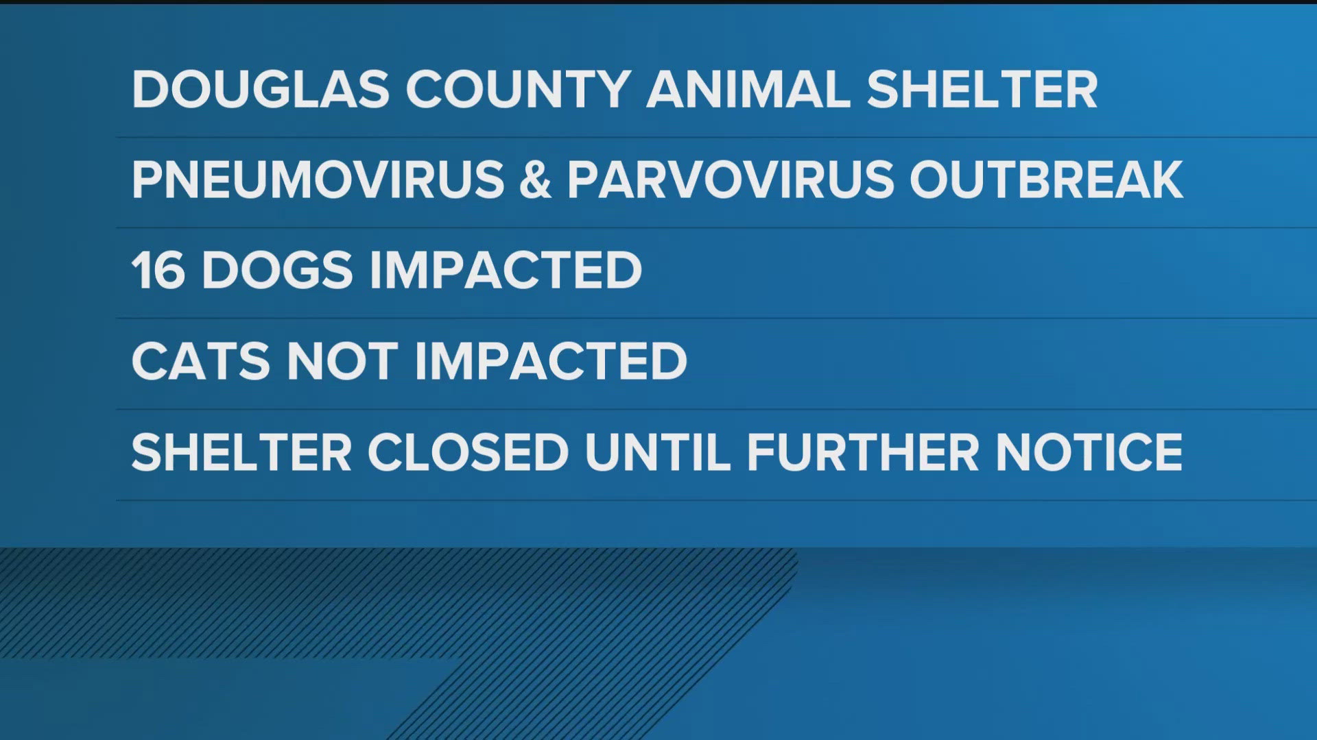 The Douglas County Animal Shelter is under quarantine due to outbreaks of pneumovirus and parvovirus in dogs.
