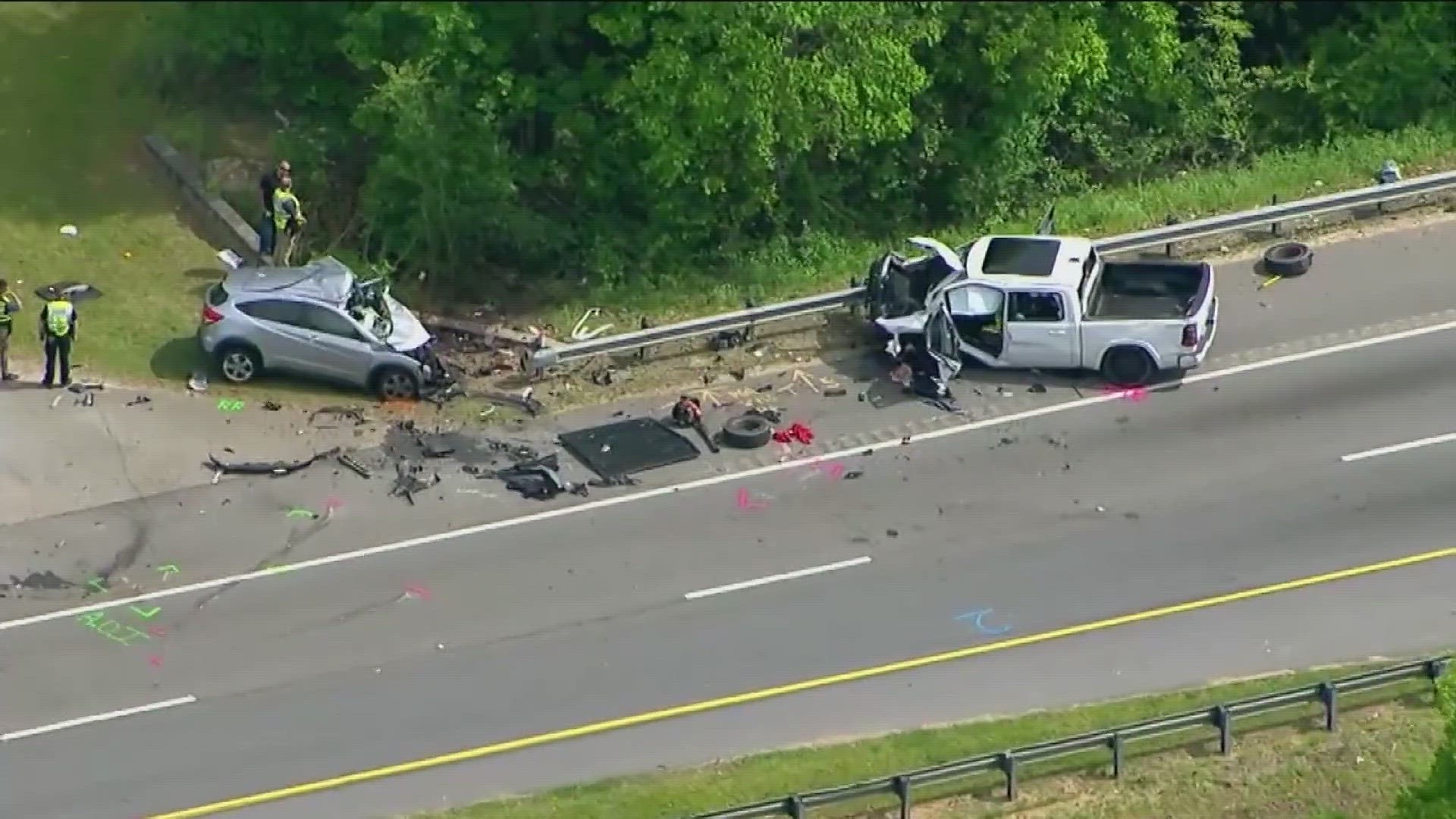 11Alive's SkyTracker flew over the scene Friday that appeared to show a head-on crash between a pick-up truck and an SUV.