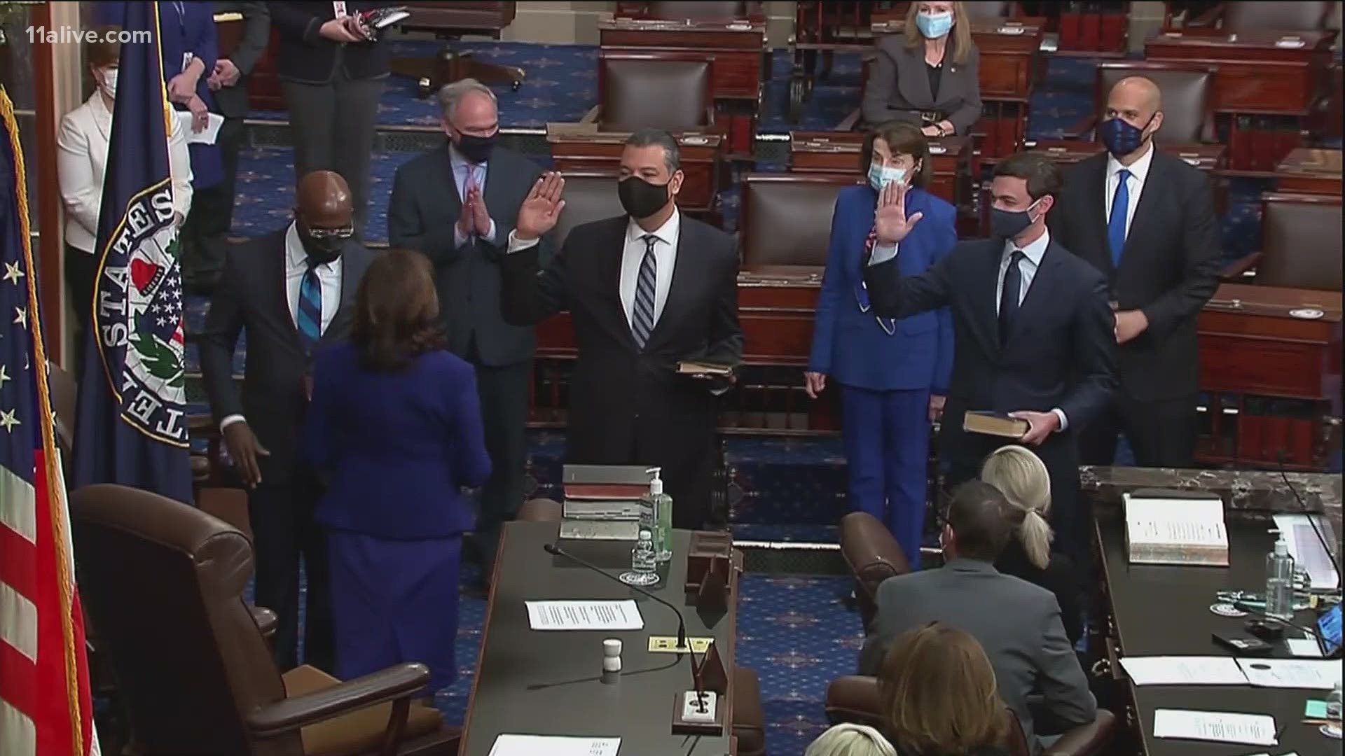 Democrats Jon Ossoff and Raphael Warnock - both history-making candidates - took their oaths of office Wednesday.
