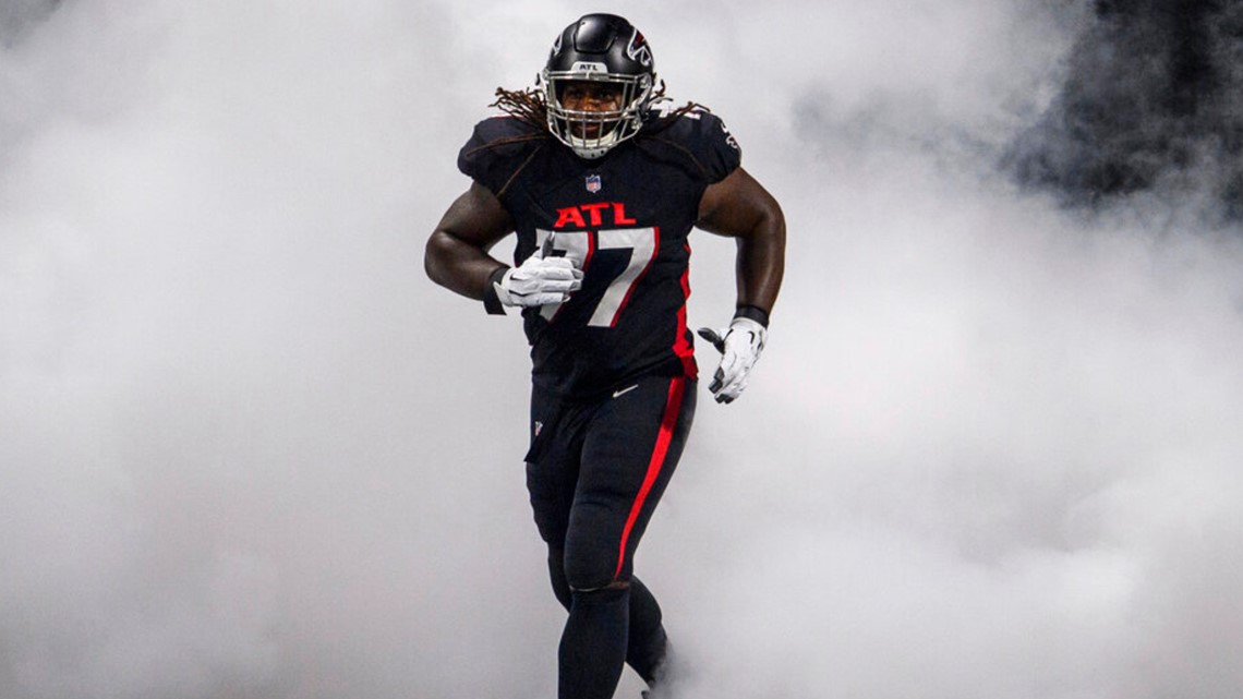 Atlanta Falcons offensive guard James Carpenter (77) takes the field before  the first half of an NFL football game between the Atlanta Falcons and the  Los Angeles Rams, Sunday, Oct. 20, 2019