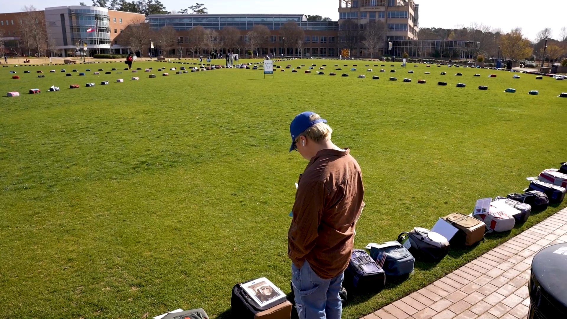 Each backpack represents the 1,100 students who lose their lives to suicide every year.