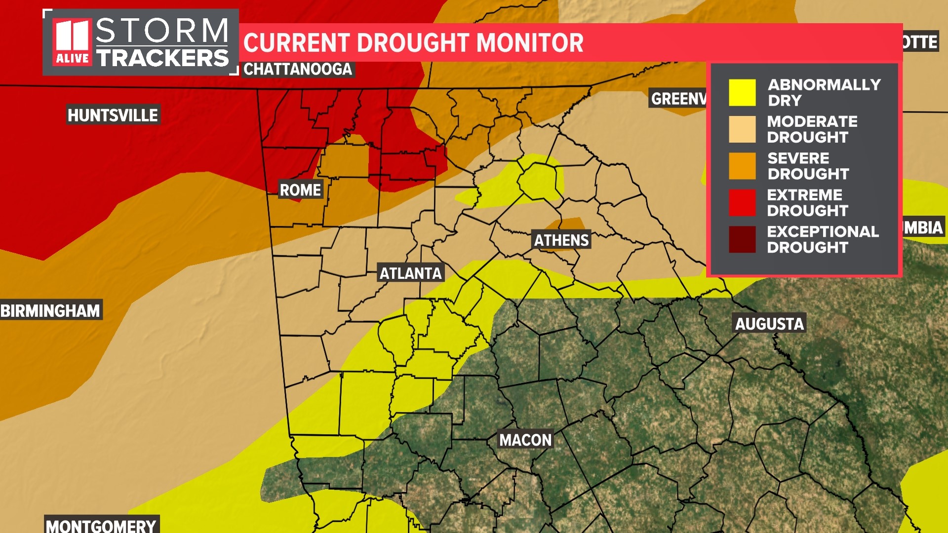 A Level 2 'Severe Drought' now extends across the rest of far north Georgia along the border with Tennessee and North Carolina.