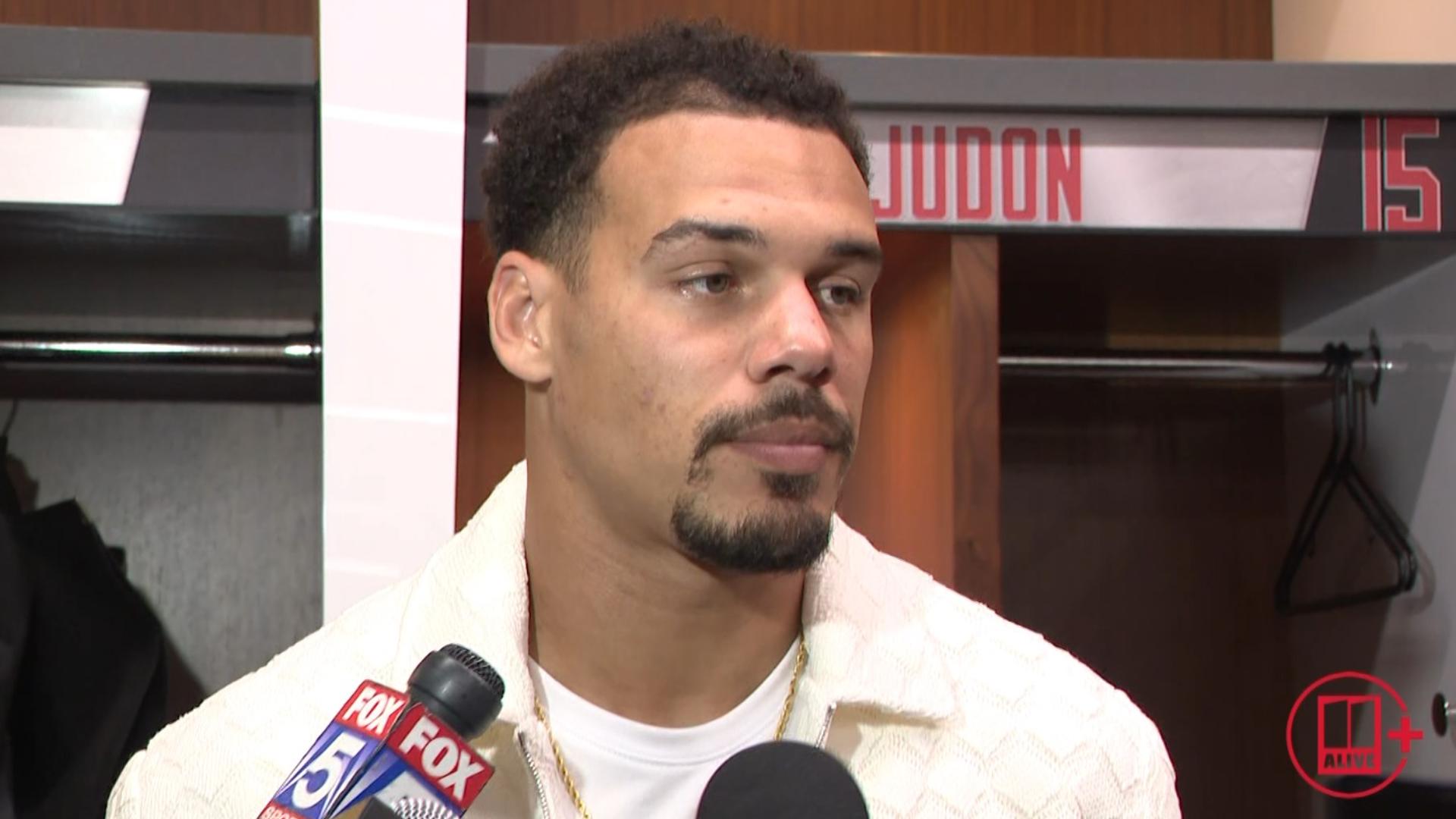 Falcons' safety Justin Simmons talks after the Falcons win where he finished with 4 tackles for a defense that was effective in the 27-21 win over the Cowboys.