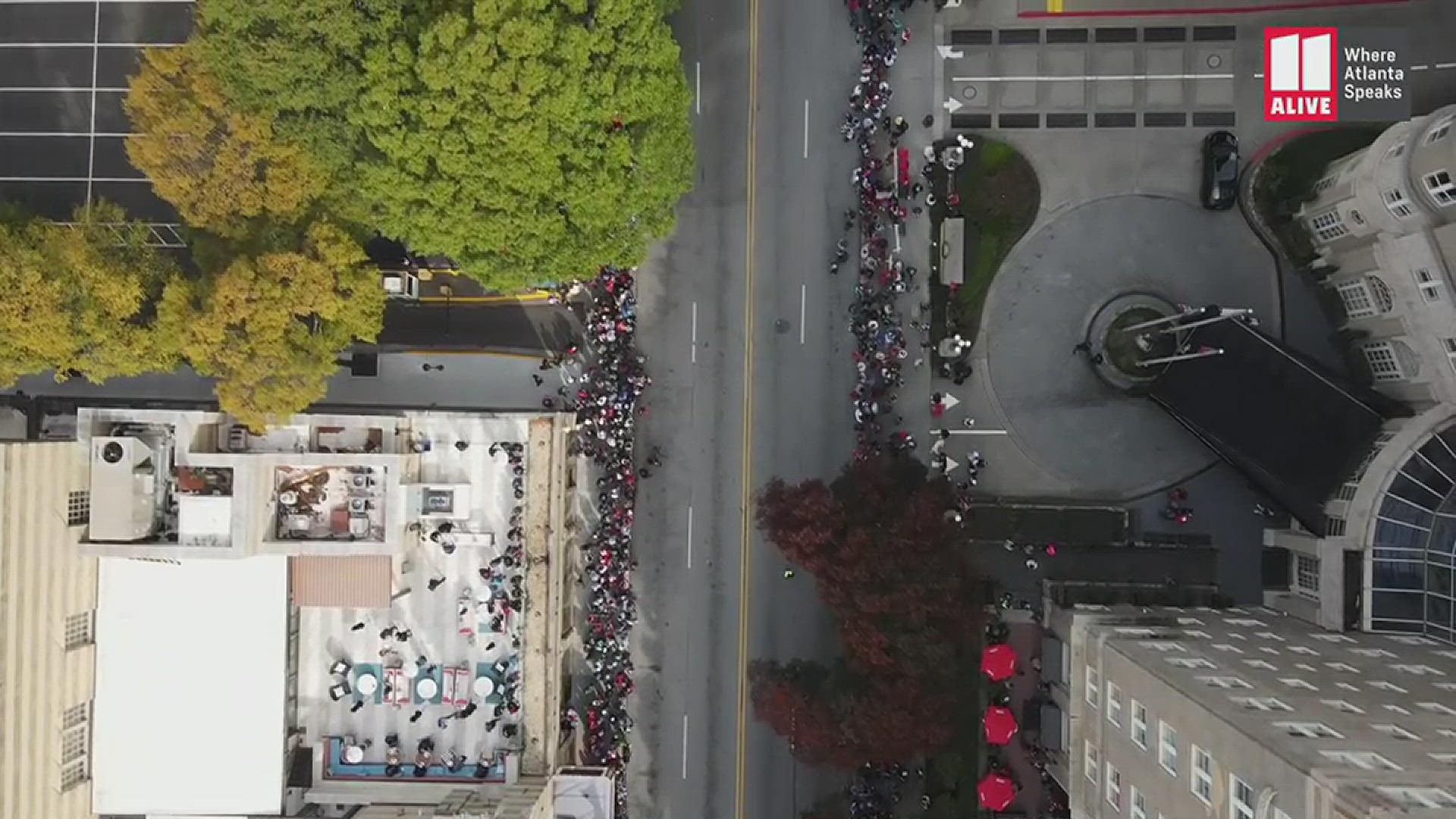 Drone video shows the Braves World Series Championship Parade as it rolled past the Fox Theatre on Peachtree St. in Atlanta.