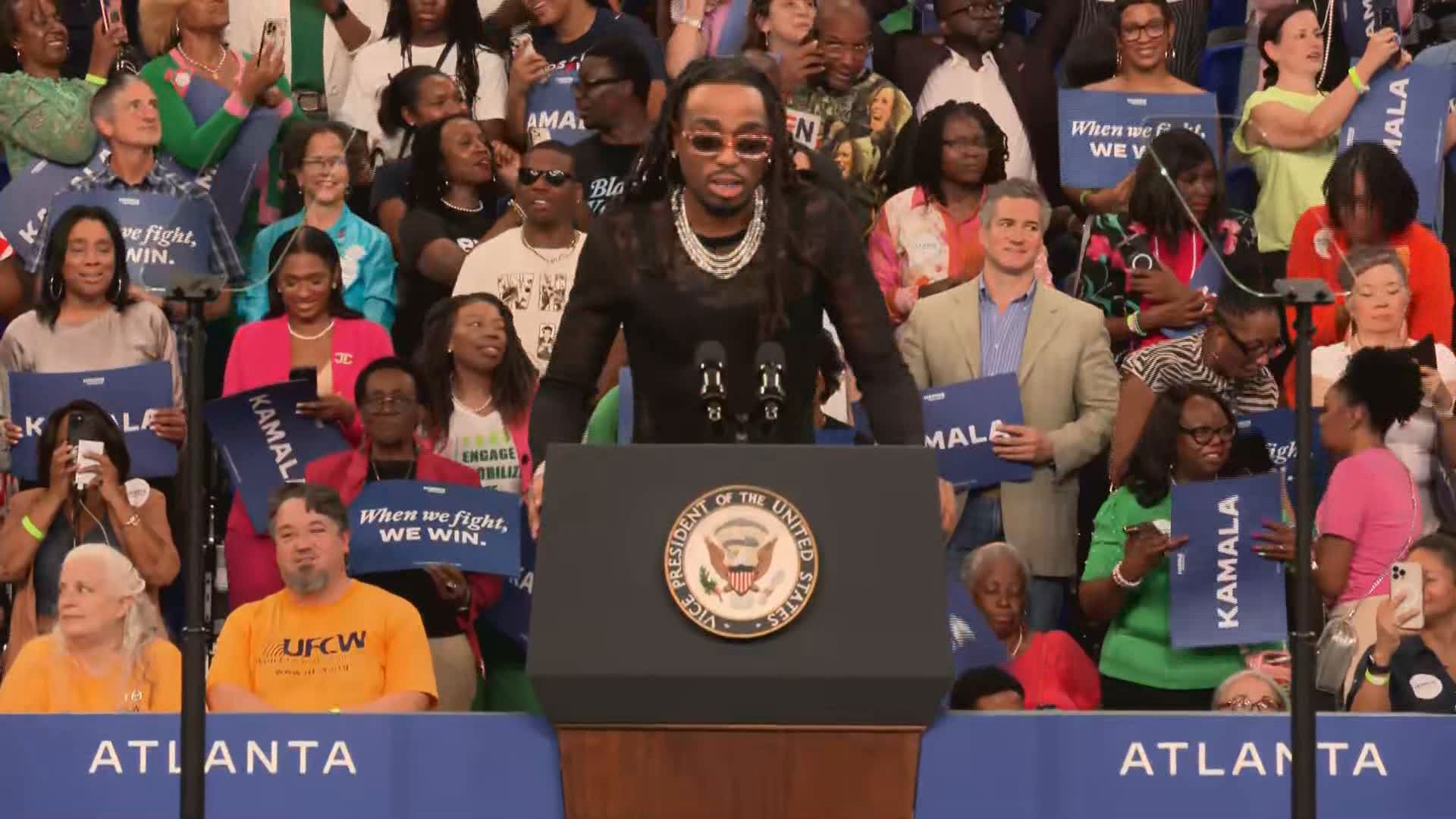 The Migos rapper showed support for the vice president before she took the stage at a campaign rally in Atlanta.