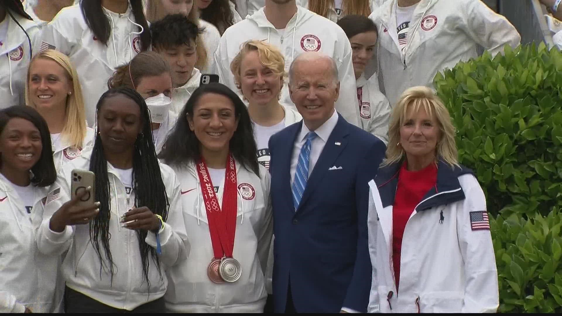 Winter Olympian Elana Meyers Taylor and Summer Olympian Kenny Selmon from Mableton were hosted by President Biden, along with hundreds of other Olympians.