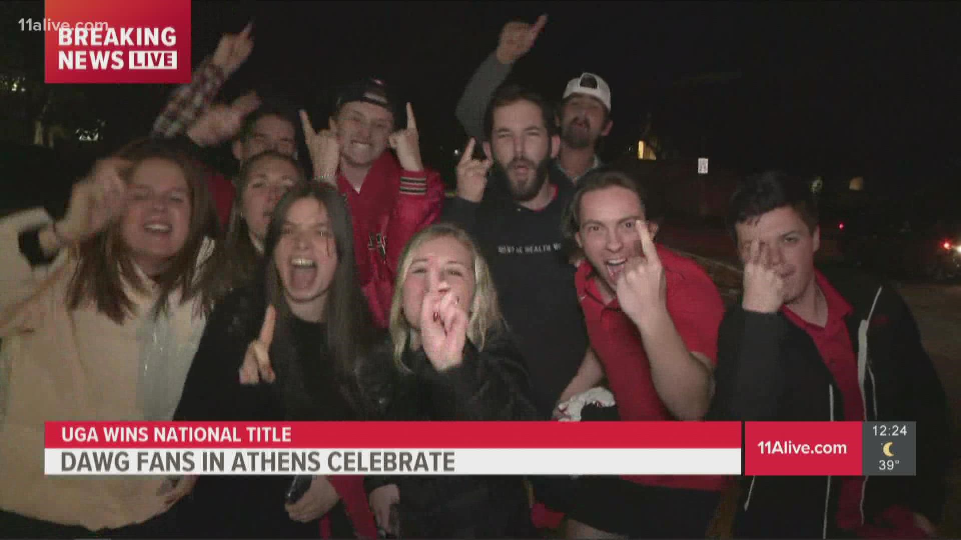 UGA students celebrate UGA's national championship win in Athens.