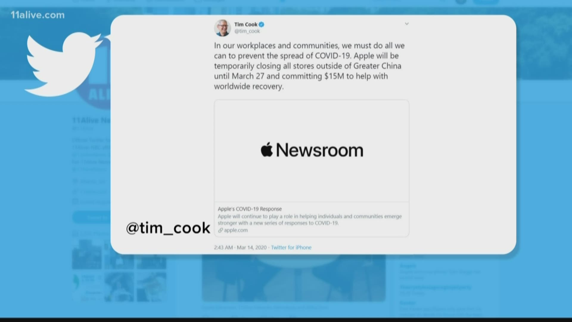 Apple is closing all its stores outside China in response to the COVID-19 pandemic, according to CEO Tim Cook.