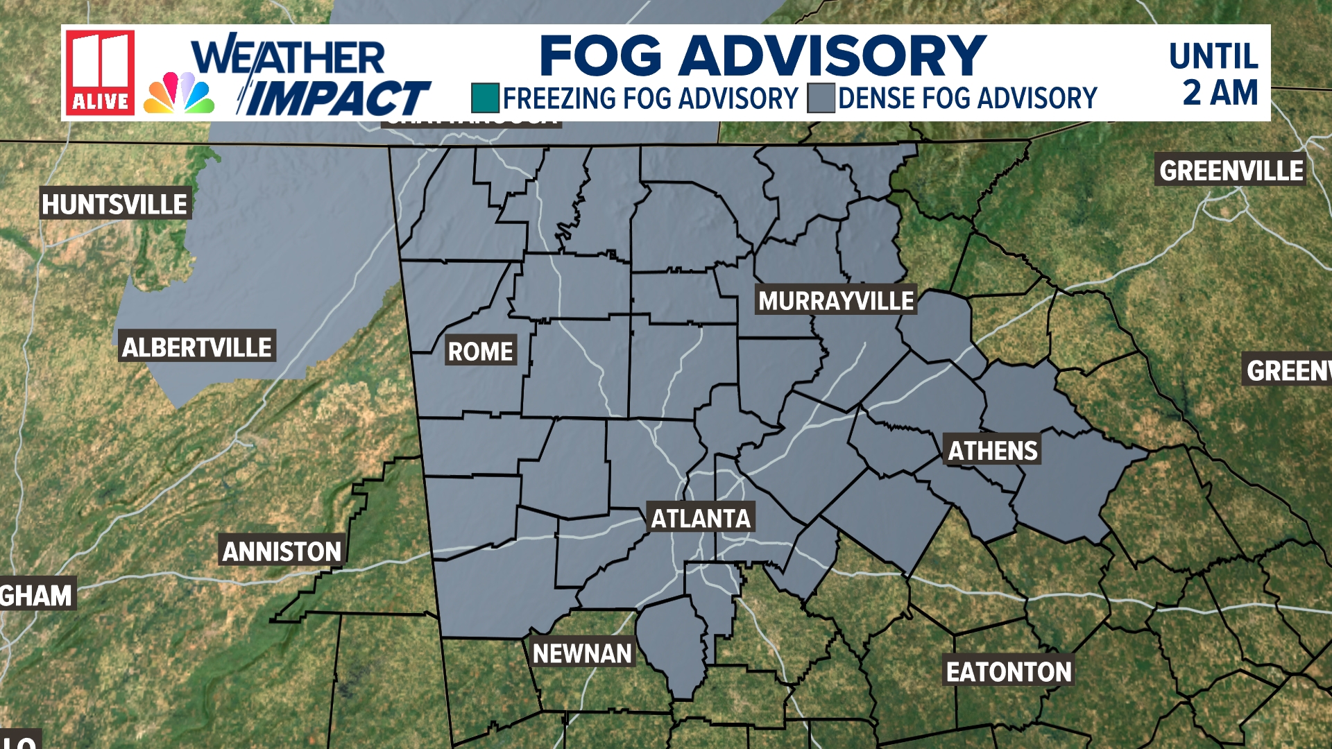 A Dense Fog Advisory is in effect until 2 am for areas generally north of I-20.  The thickest fog has been north of Atlanta.