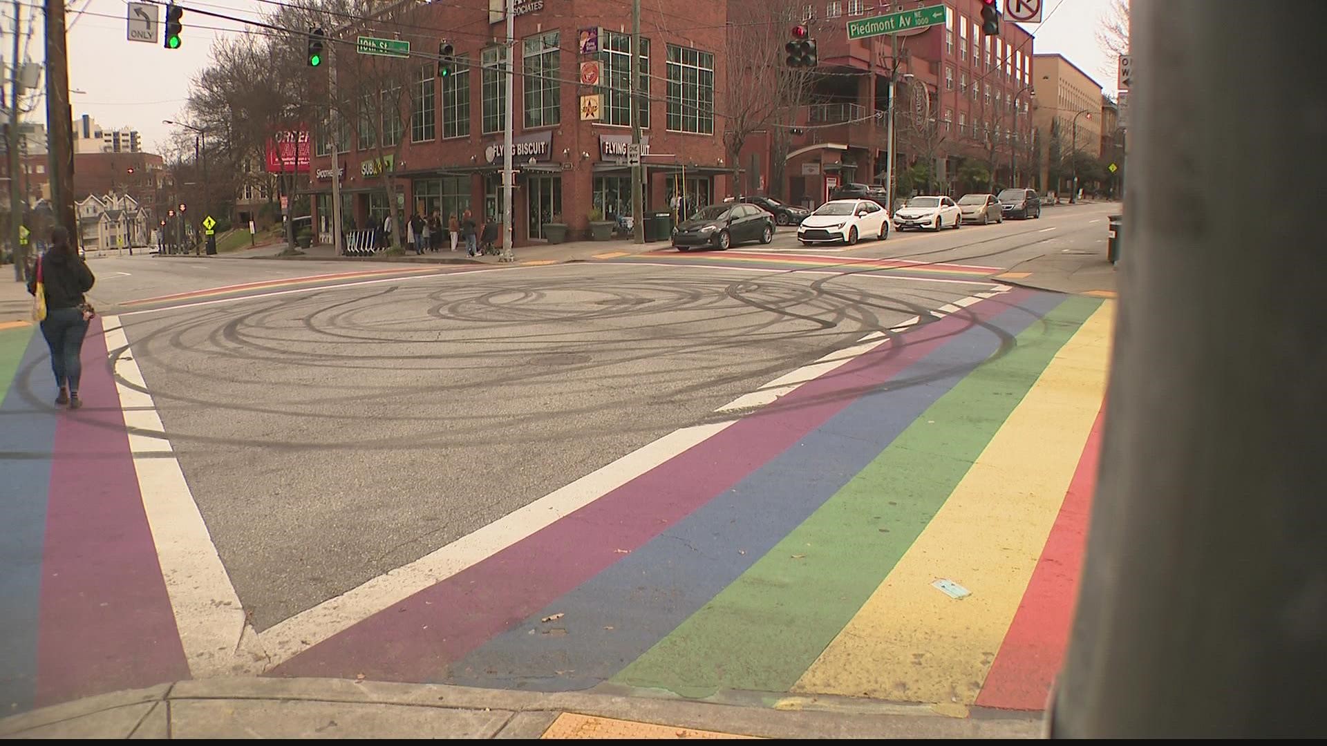An Atlanta landmark in Midtown was marked up over the weekend, as drivers left skid marks all over the rainbow crosswalk at the intersection of 10th and Piedmont.