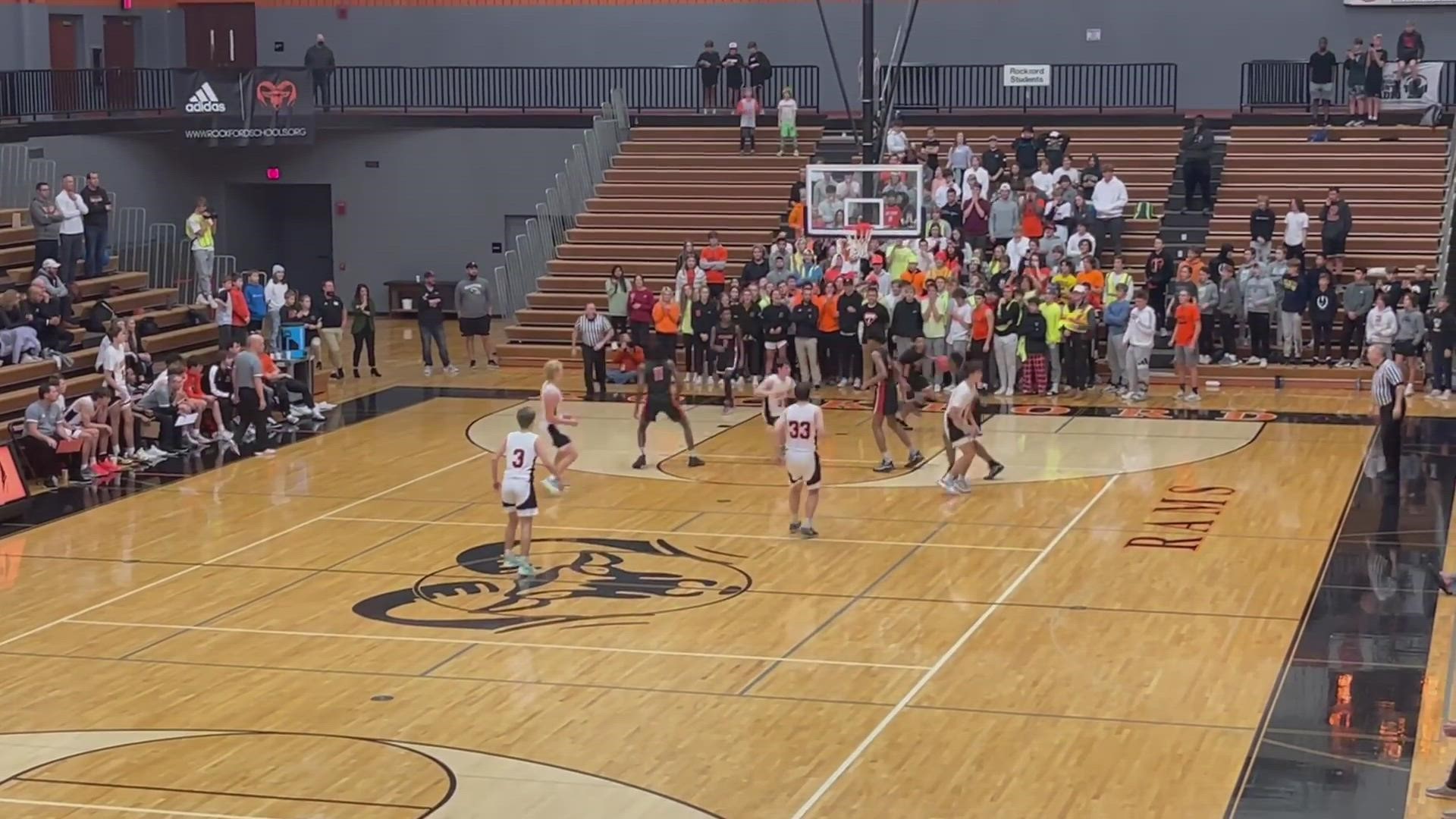Andrew Landis hit a half-court shot to secure the Rams' victory over Grand Rapids Union at home Tuesday night. (Video courtesy Kristi Landis)